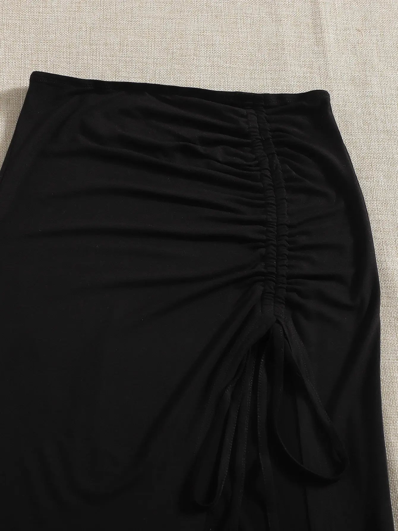 New women's elegant high waist knitted polyester skirt, solid color spring, summer and autumn long skirt, drawstring side slit