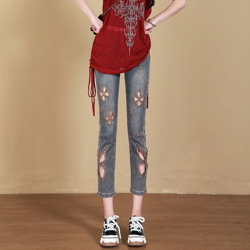 2026 Summer Women's Jeans Butterfly Embroidery Hollow Out Denim Pants Slim Fit Thin Casual Trousers Streetwear