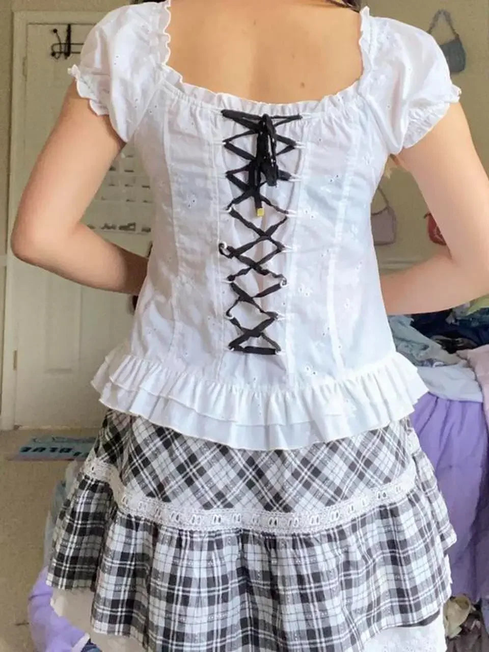 Womens Kawaii Corset Tops 2000s T-shirt Lace Trim Vintage Button V Neck Slim Tee Tops Summer y2k Shirts Harajuku