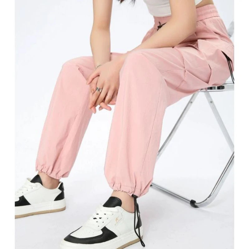 Big Size Female High Street Cargo Pants Lady Baggy High Waist Straight Leg Trousers Girls Classic Fashion Drawstring Pants