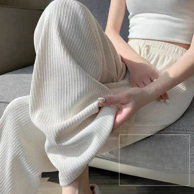 Autumn New Elastic Waist Drawstring Casual Straight Sporty Casual Wide Leg Pants Solid All-Match Basic Trousers Women Clothes
