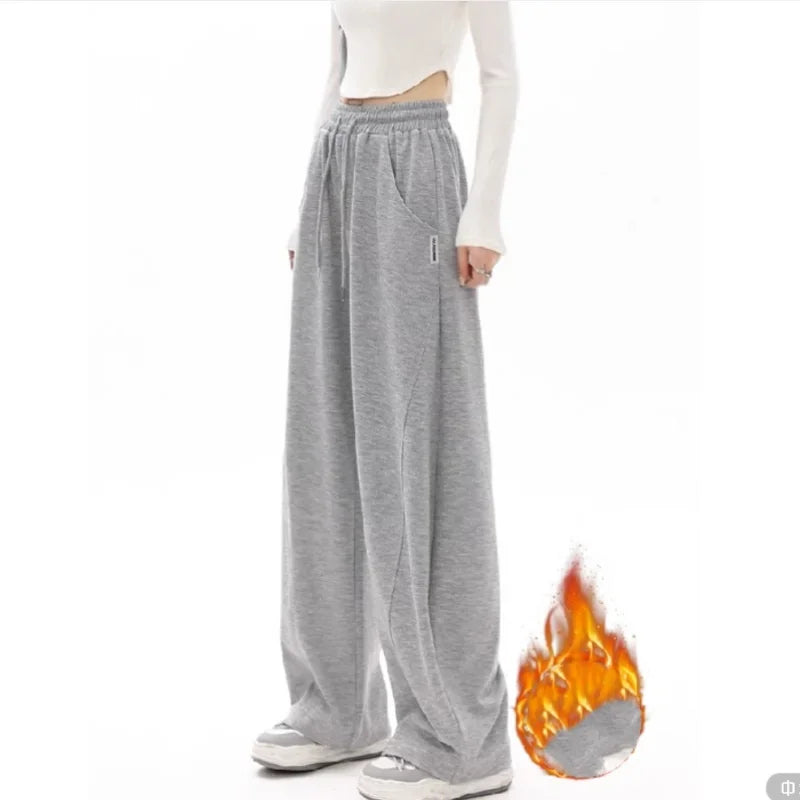 Women Side Striped Wide Leg Straight Tube Pants Vintage High Street Classic Ladies Trousers Winter Fleece Y2k Sport Sweatpants