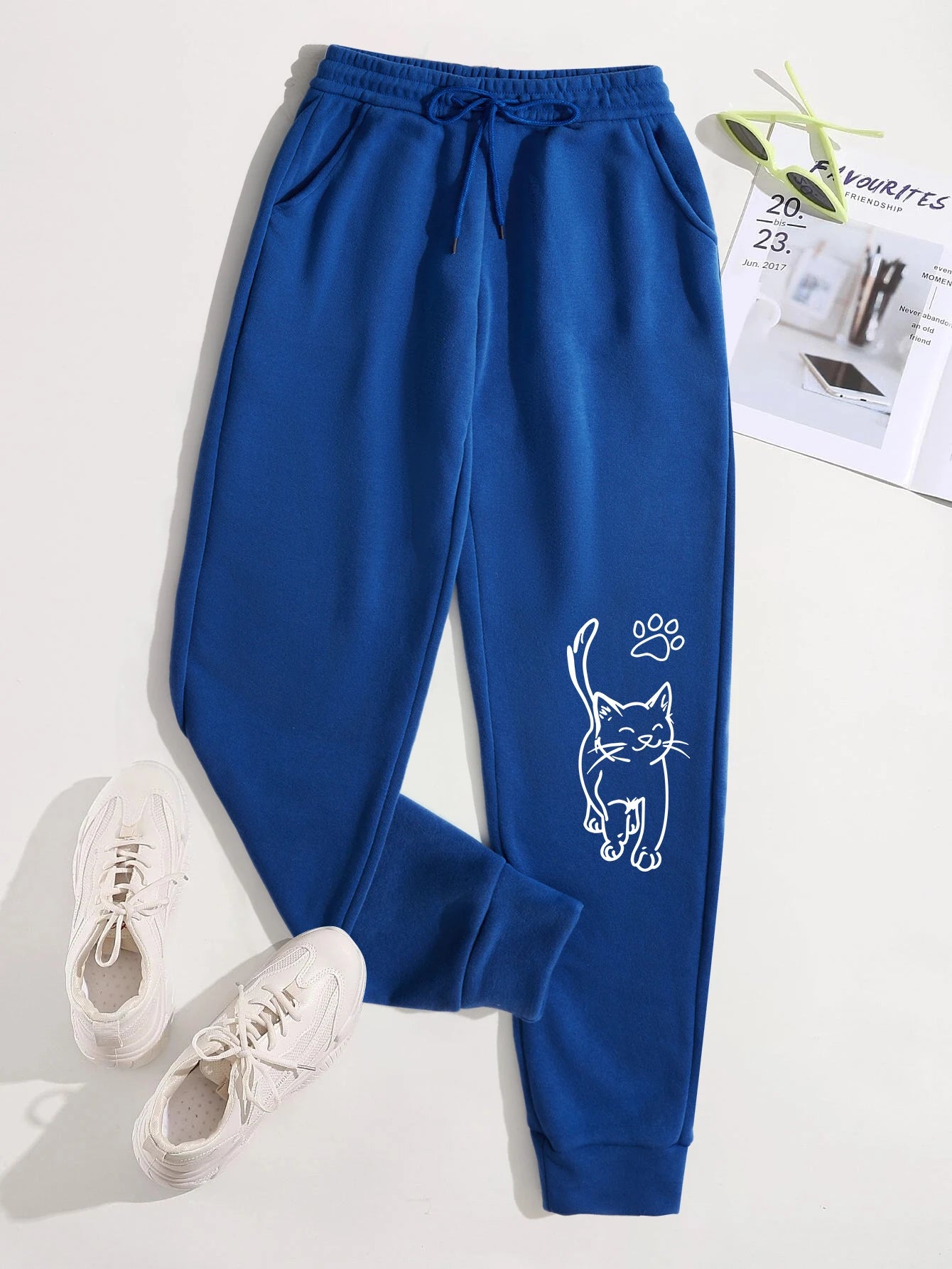 Cute Cat And Paw Print Pant Woman Drawstring Fleece Sweatpants Sport All-Match Jogger Pants Casual Autumn Trouser Soft Trousers