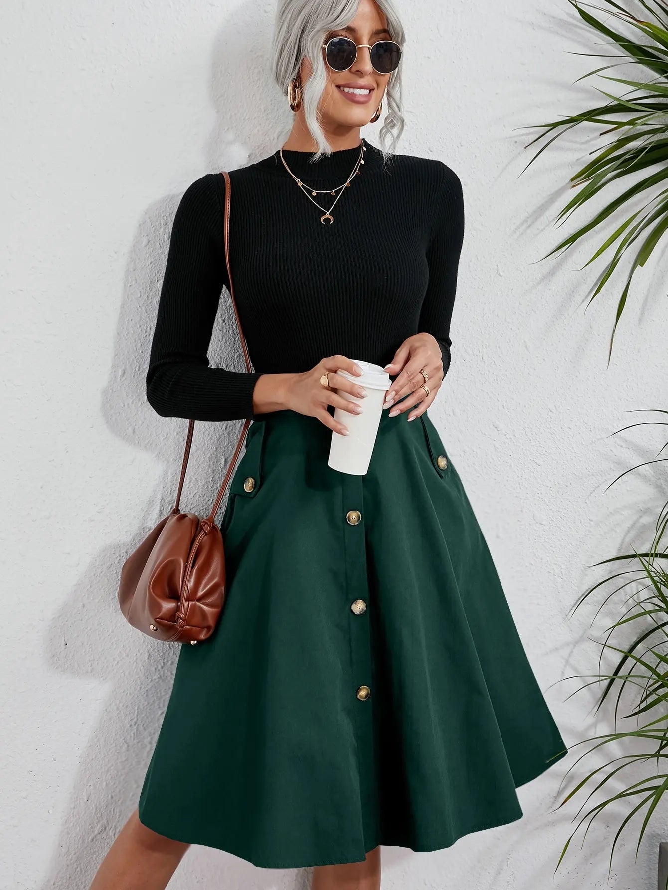 Chic Women's Dark Green Flared Midi Skirt Metal Button Detail With Pockets Versatile Casual Office Daily Wear Skirt