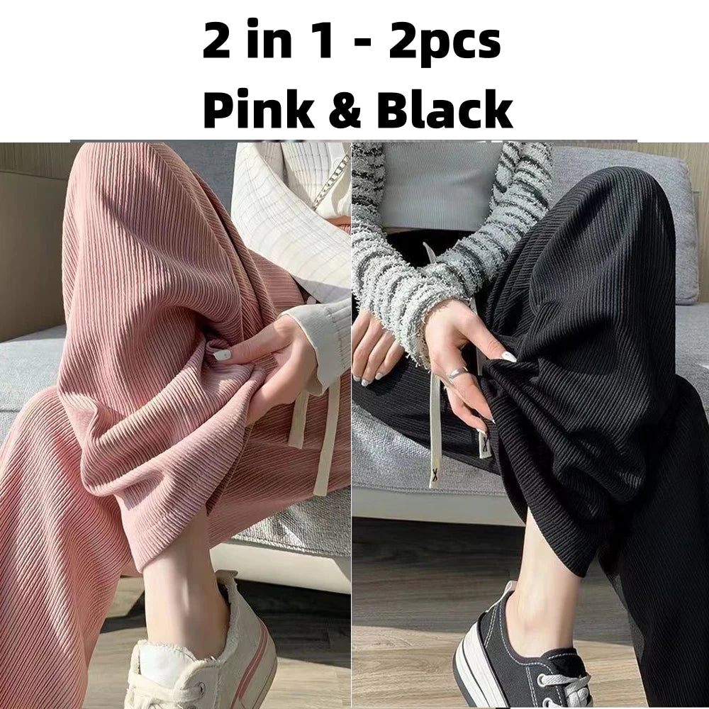 Autumn New Elastic Waist Drawstring Casual Straight Sporty Casual Wide Leg Pants Solid All-Match Basic Trousers Women Clothes