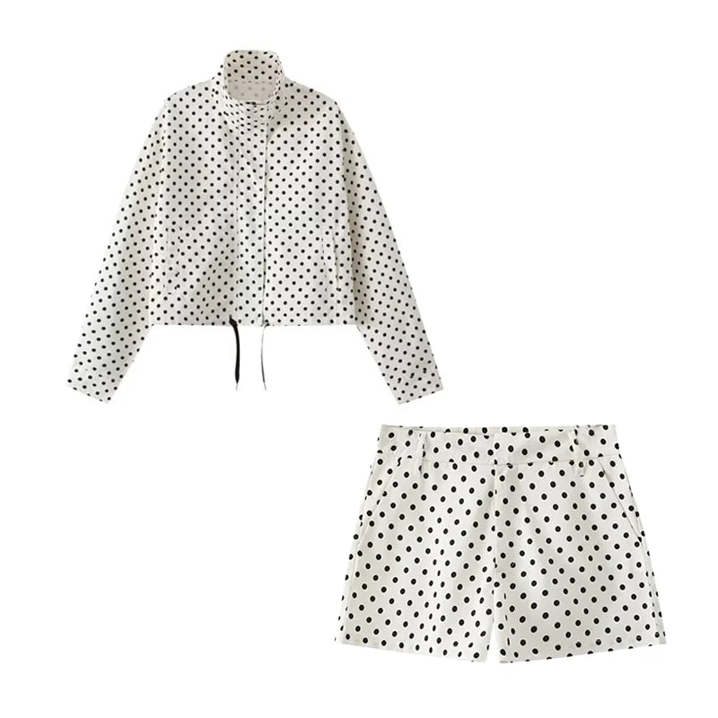 Women's Spring Summer Casual Polka Dot Two-Piece Set, Stand Collar Zip-Up Top with Matching Shorts, All-match for Daily Outings