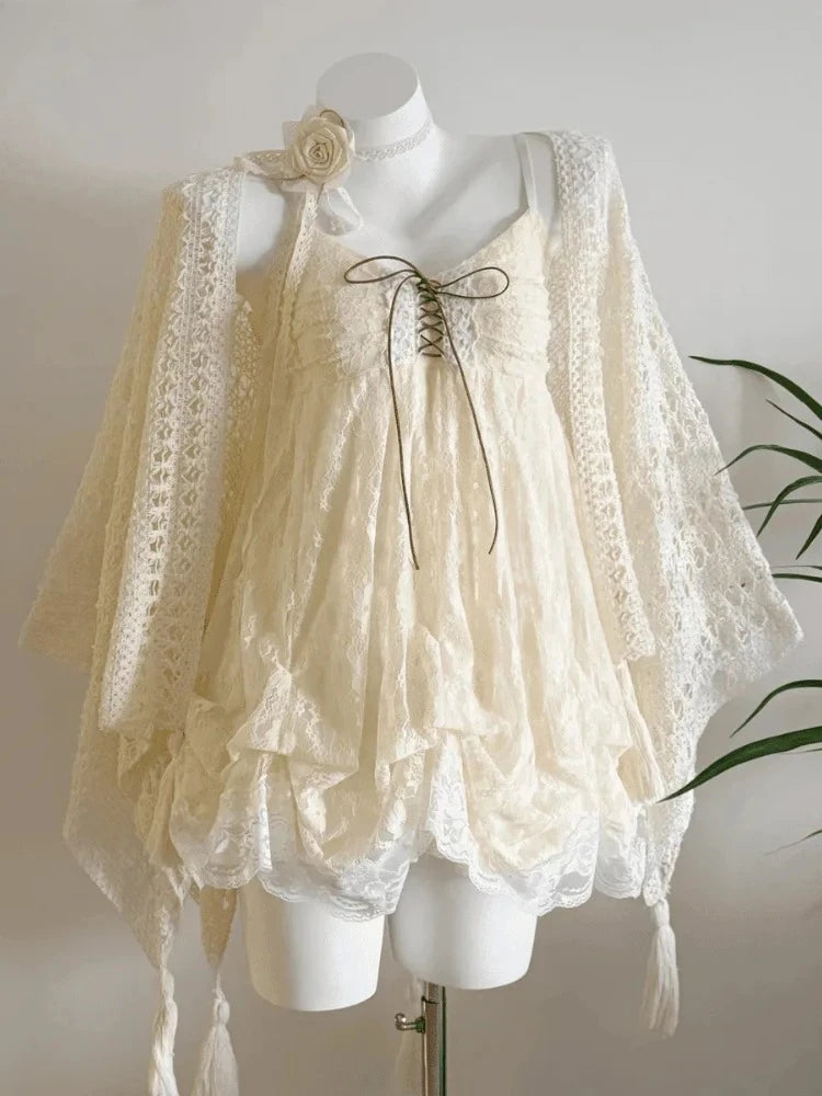 New Vintage Summer Women Sets Elegant Ruffle Lace Chiffon Design Mini Skirt Suit Fairy Female Sweet Korean Fashion Outfits 2026