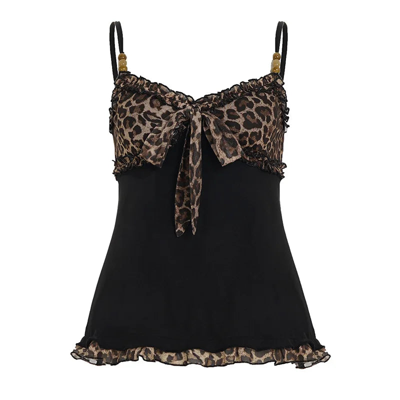 American Hotsweet Y2k Leopard Camisole Women Retro Streetwear E-girl 90s Dark Gothic Sexy Patchwork Lace-up Crop Tank Top Femme