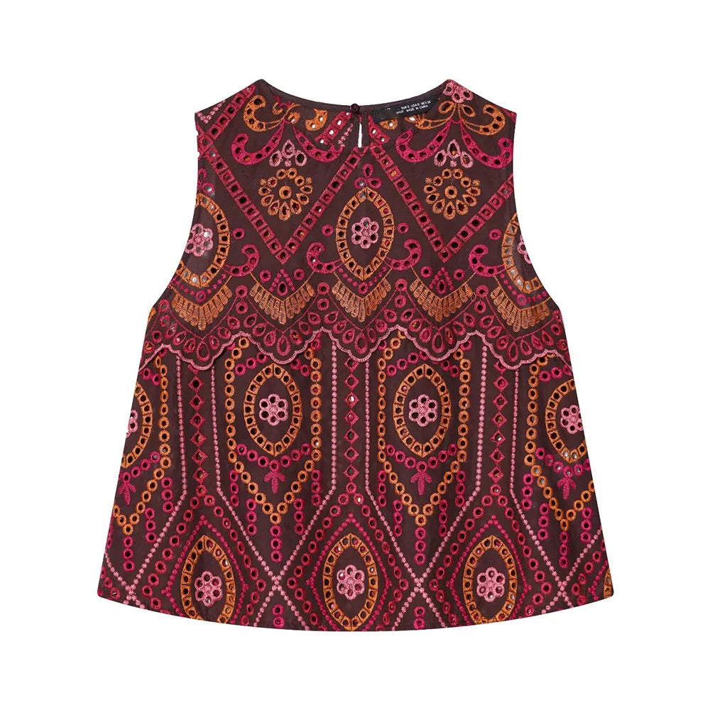 HH Woman Fashion O-Neck Embroidery Hollow Sleeveless Short Tops+Side Zipper Pleated Midi Skirt Casual Printed Spring 2 Piece Set