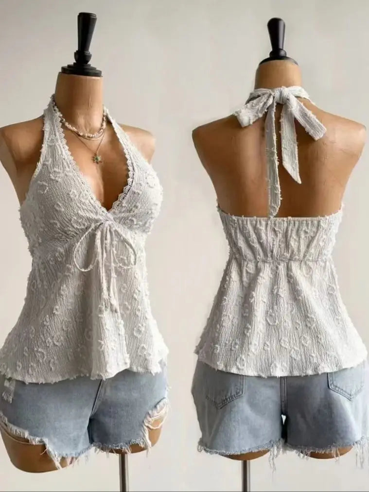 Ladies' Summer V-neck Lace Neck Strap Off Shoulder Leisure Vacation Easter Beach Wear Music Festival Top