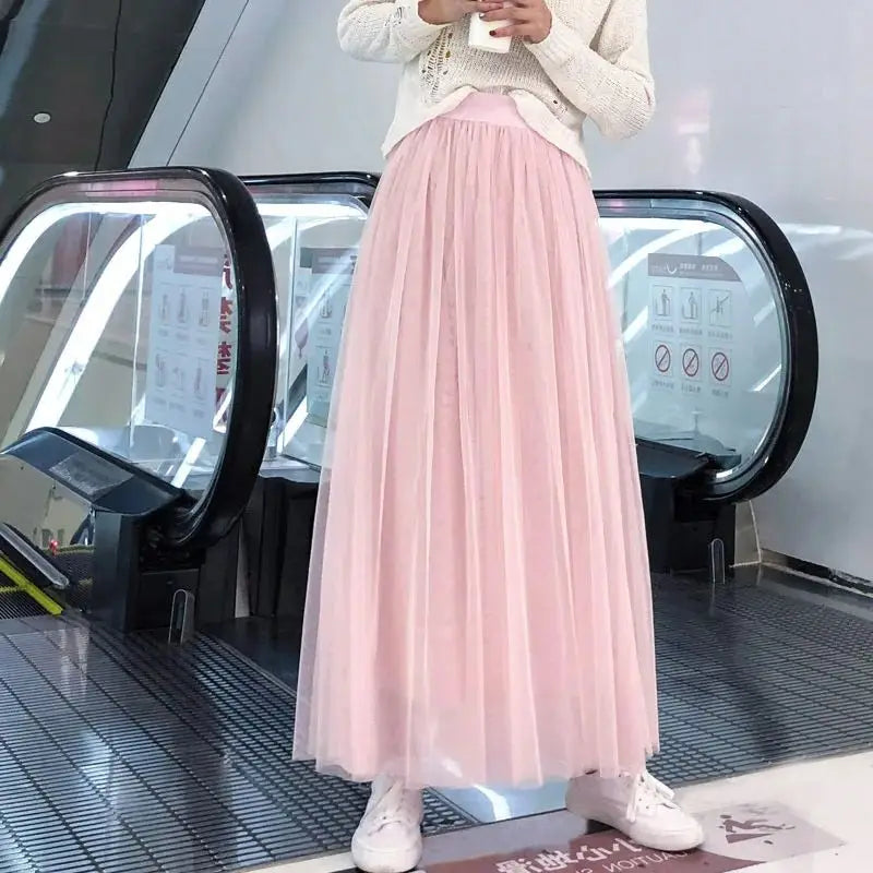 Vintage Tulle Skirt Women Elastic High Waist  3 Layers  A-line Pleated Mesh Skirt Long Bride Tutu Skirts Female Jupe Longue