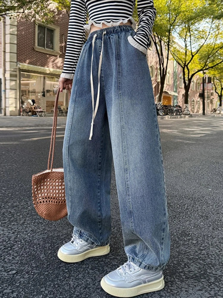 Spring Summer Women Jeans European Style High Waist Slimming Loose Straight Floor Length Harem Wide Leg Trousers Sickle Pants﻿