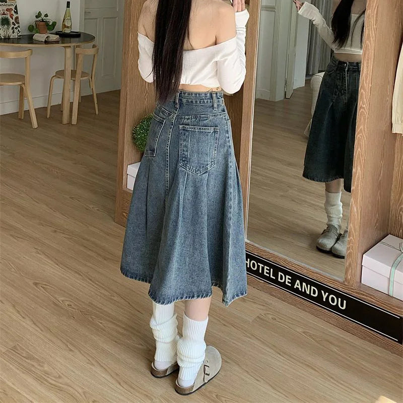 Summer Lady High Waist Thin Pleated Jeans Skirts Women Retro Solid Mid-Long Denim Skirts Girls Casual Fashion A-line Dress