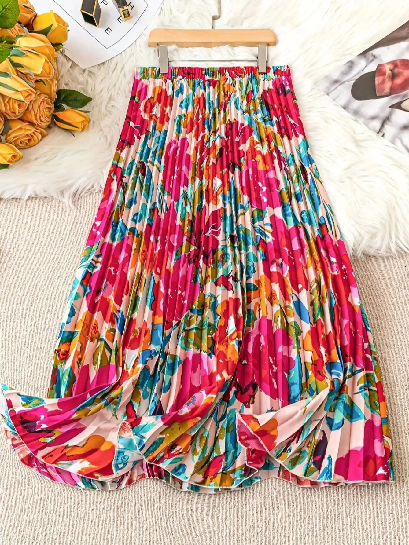 Spring Summer Women's Elegant Floral Print Long Skirts Casual High Waist Party Slim A-line Pleated Skirt