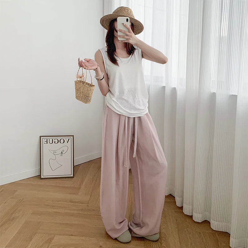 Linen pants with hem, wide-leg pants, women's summer thin, high-waisted, loose, drape, laid-back style Yamamoto pants