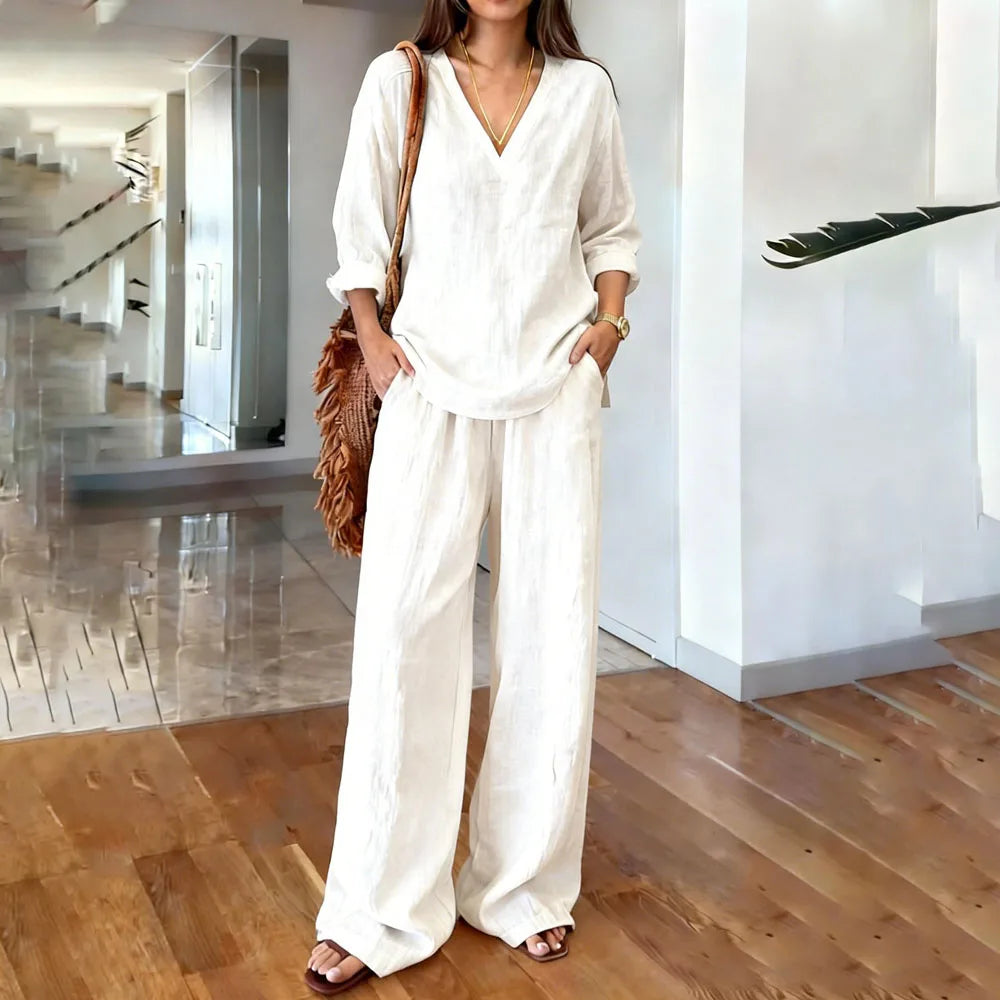 Casual Cotton Pants Sets Women Summer 2026 Fashion Long Sleeve V-neck Loose Tops 2 Piece Set Woman Outfits Elegant