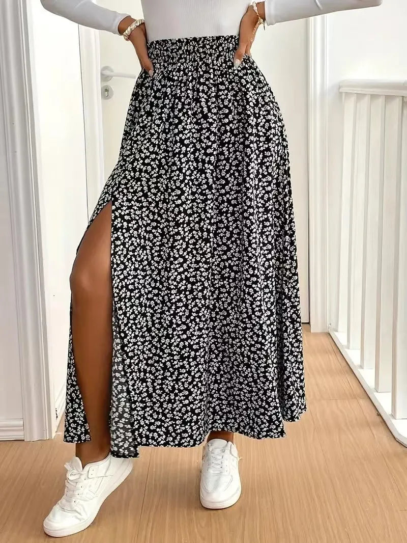 2026 Autumn New Floral Half length Skirt with Split A-line Hip Wrap and Middle Waist Skirt
