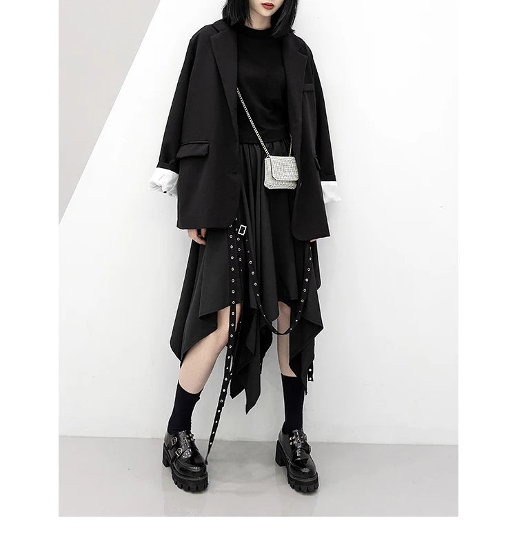 Irregular Skirt Girl's New Dark Tie Street Punk Wind Weave Buckle Medium-length Y2k Gothic Long Skirt