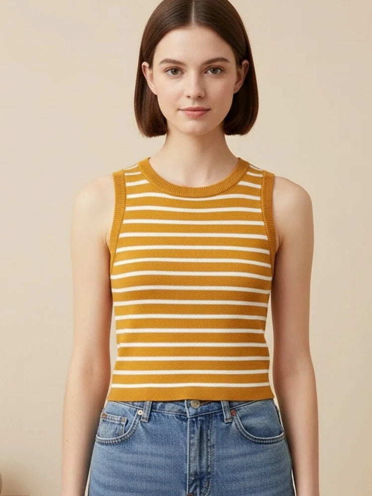 2026 Spring Summer Sleeveless Knitted T-Shirts Striped Women Tank Tops Crop Tops Female Elastic Slim Casual Vests Pullover Camis