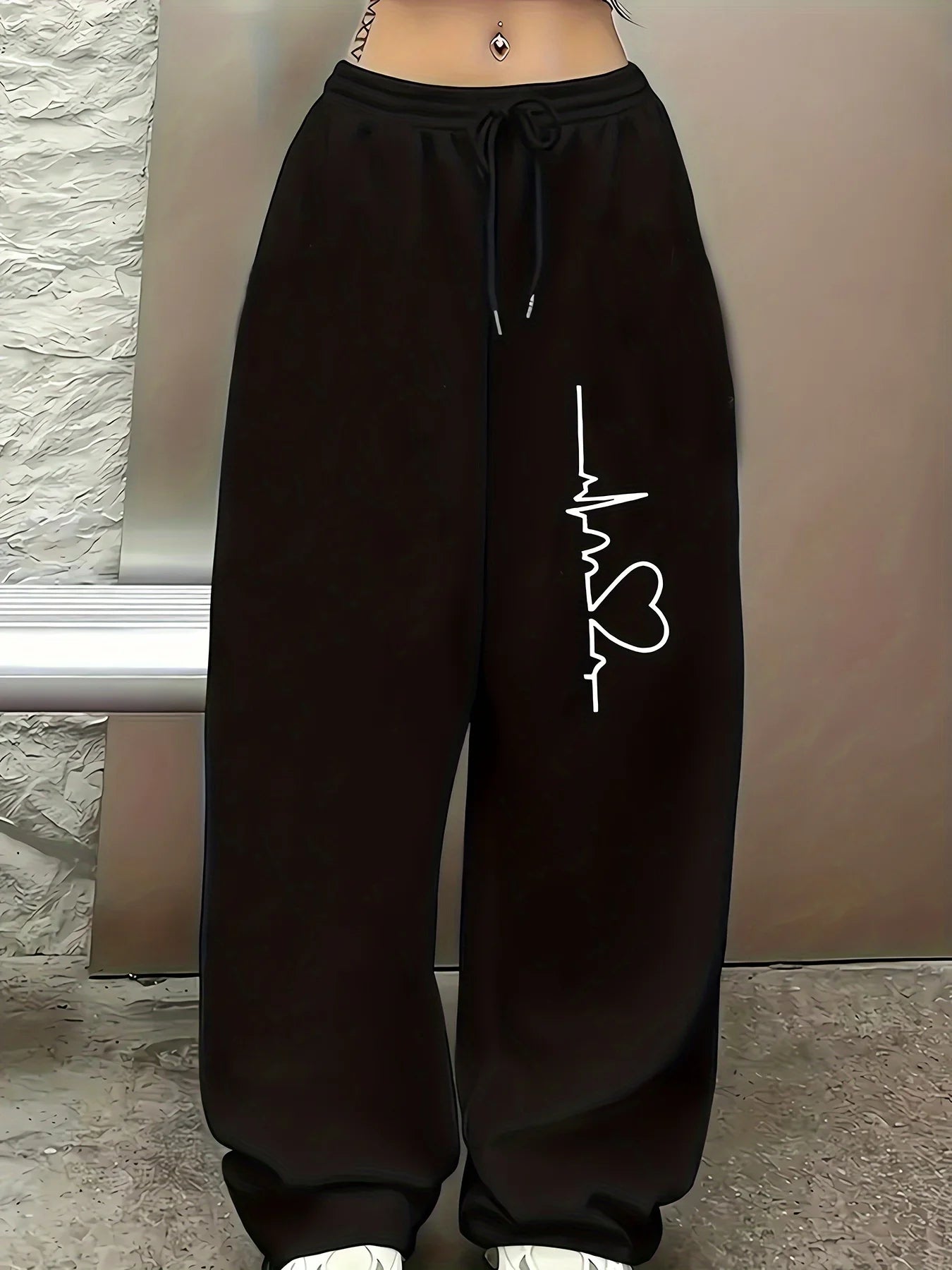 Women's Street Style Casual Sweatpants with Heartbeat-shaped Print Arrivals for Spring Fleece Loose Fit Streetwear Oversized