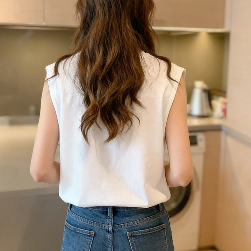 Woman Loose Sleeveless Tank Top Summer Casual Vest Basic Daily T-shirt Sweet Style Suitable For Students Stretchy Soft Lady Wear