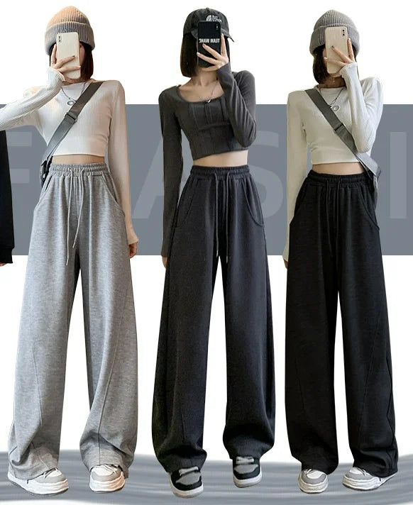 Women Side Striped Wide Leg Straight Tube Pants Vintage High Street Classic Ladies Trousers Winter Fleece Y2k Sport Sweatpants