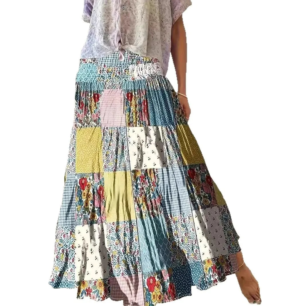 Women's Printed Shirred High Waist Skirt, Elegant Style, Suitable for Casual Vacation Wear