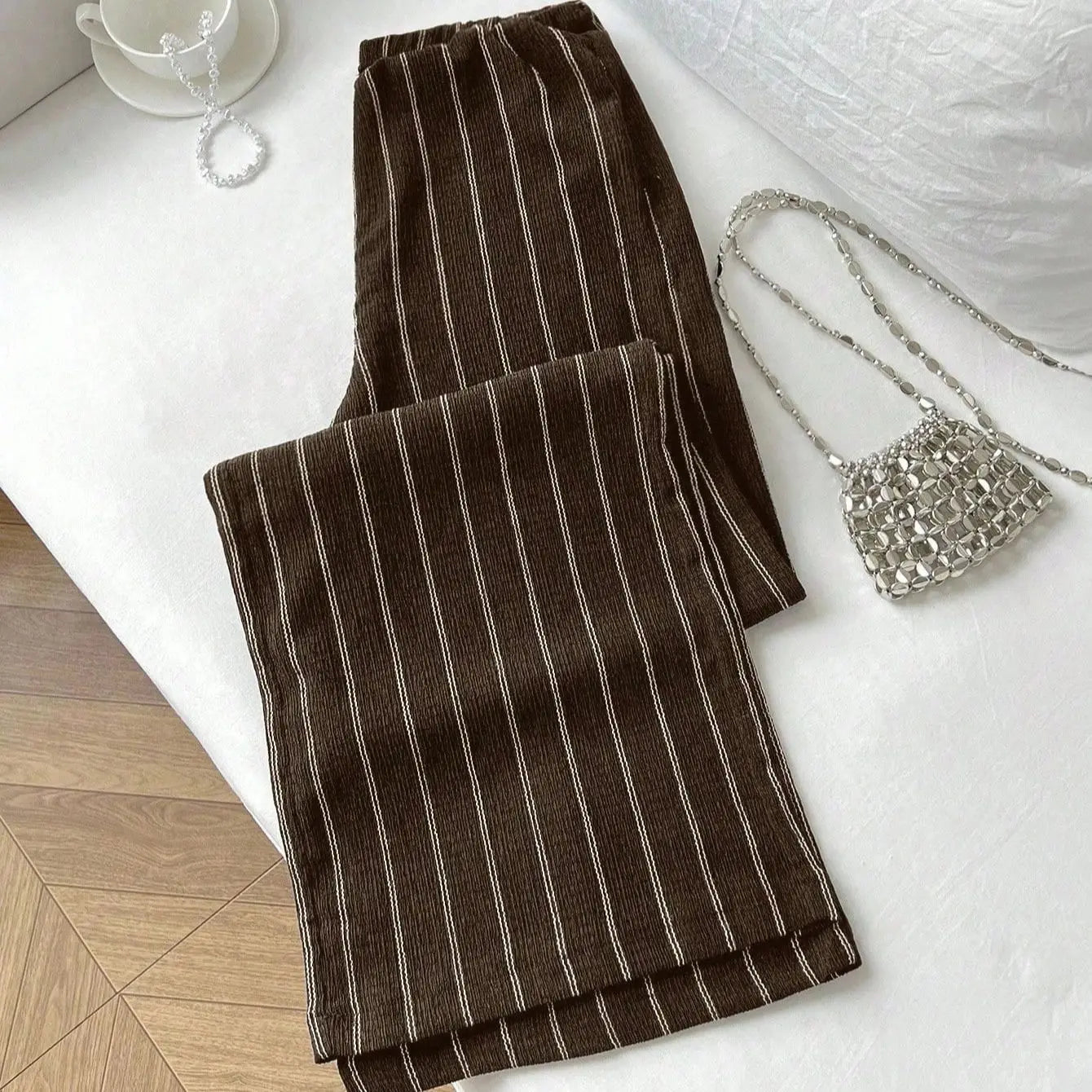 Women's High Waist Striped Wide Leg Pants, Anti-Wrinkle Fabric, Elegant Vertical Stripe Design, Casual Office Commute Essential