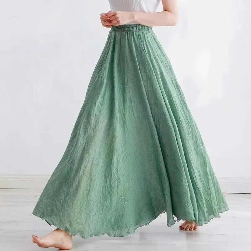 Boho Beach Women's Skirt - Linen Cotton Blend Elastic Waist Long Pleated Maxi, Vintage Summer Casual Skirt Faldas Saia