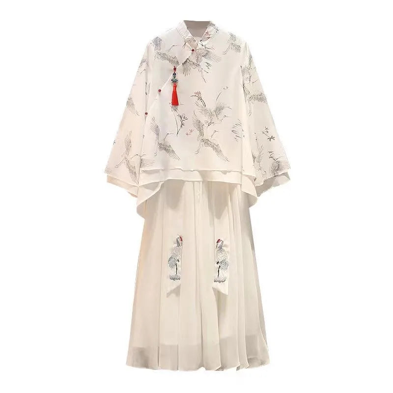 White Hanfu Dress For Women Summer Chiffon Ancient Chinese Style Costume Plus Size Top And Skirt Cosplay Costume Two-piece Suit