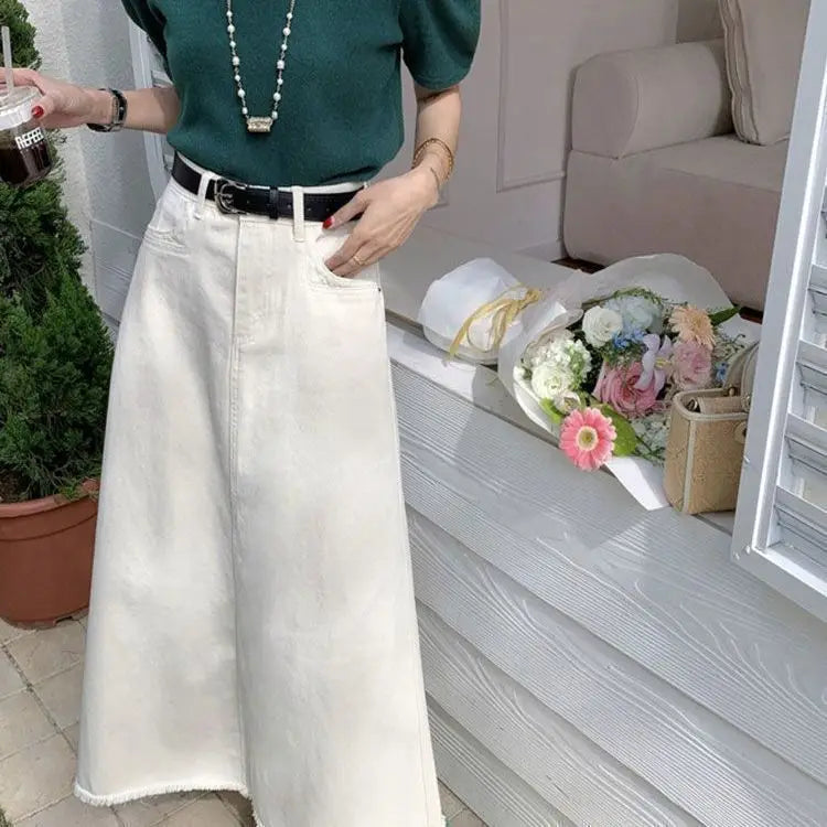 White High Waist A Line Denim Skirt Slimming Fashion Midi Bodycon Fishtail Skirt