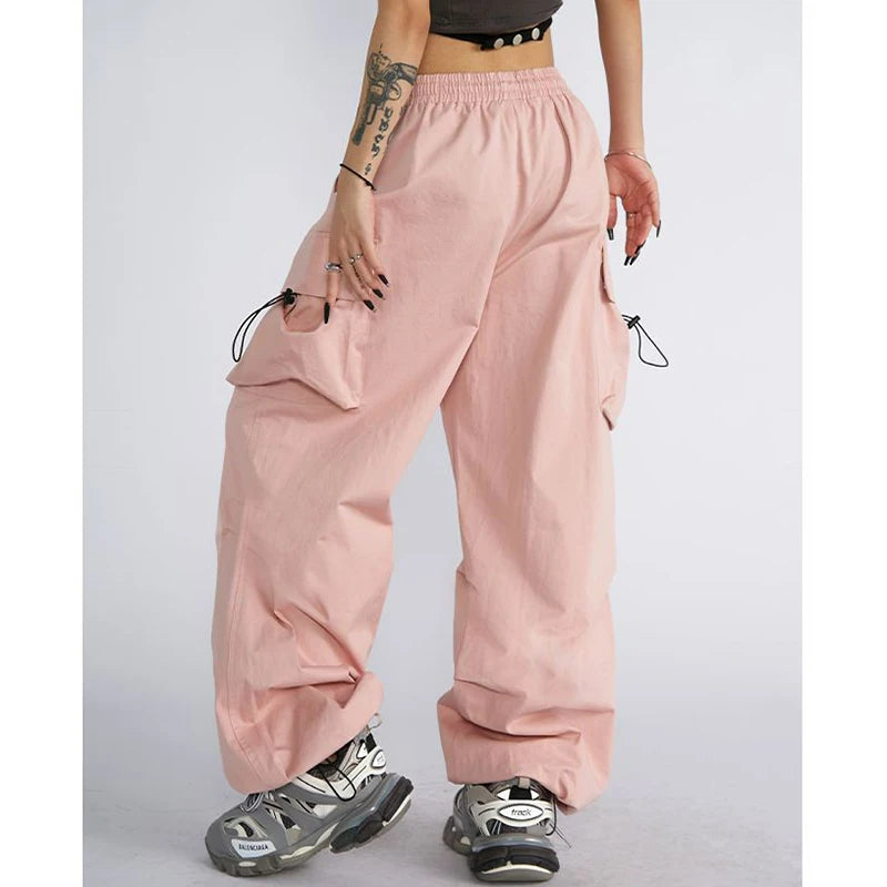Big Size Female High Street Cargo Pants Lady Baggy High Waist Straight Leg Trousers Girls Classic Fashion Drawstring Pants