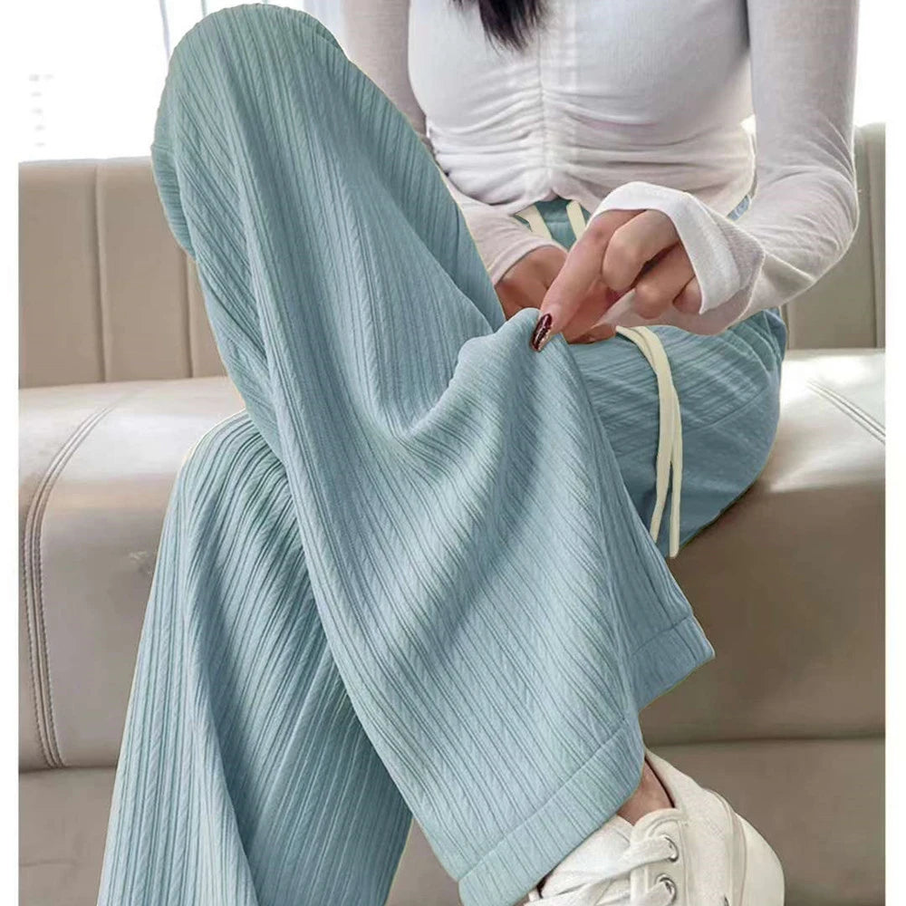Autumn New Elastic Waist Drawstring Casual Straight Sporty Casual Wide Leg Pants Solid All-Match Basic Trousers Women Clothes