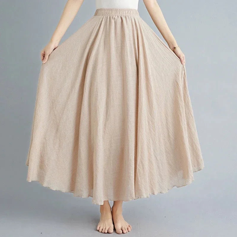 Boho Beach Women's Skirt - Linen Cotton Blend Elastic Waist Long Pleated Maxi, Vintage Summer Casual Skirt Faldas Saia
