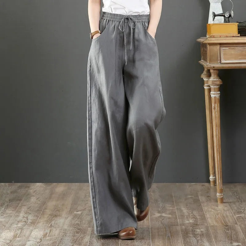 Summer Cotton Linen Wide Leg Pants for Women Straight Leg Pants Casual Straight Pants High Waist Trouses Long Pants with Pockets