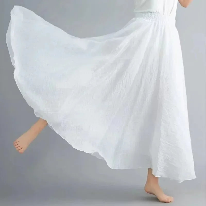 Boho Beach Women's Skirt - Linen Cotton Blend Elastic Waist Long Pleated Maxi, Vintage Summer Casual Skirt Faldas Saia