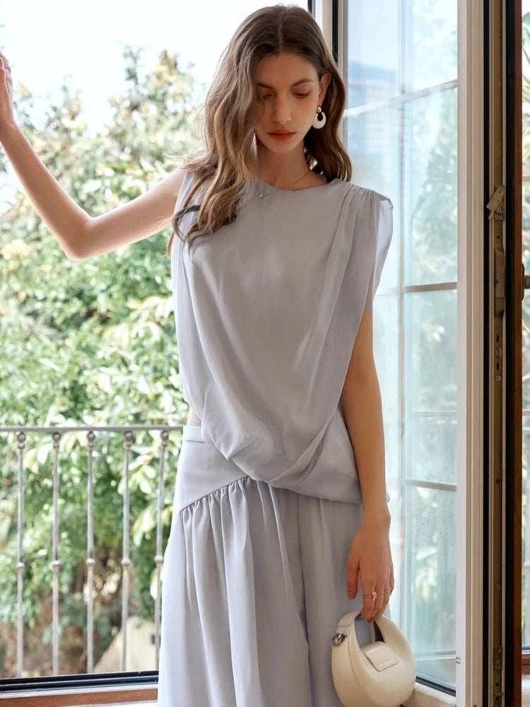 OLrain 2 Piece Skirt Sets Women 2026 Summer Blue O-neck A-line Sleeveless Folds Elegant Lady Two Piece Outfits Woman O57XE99358