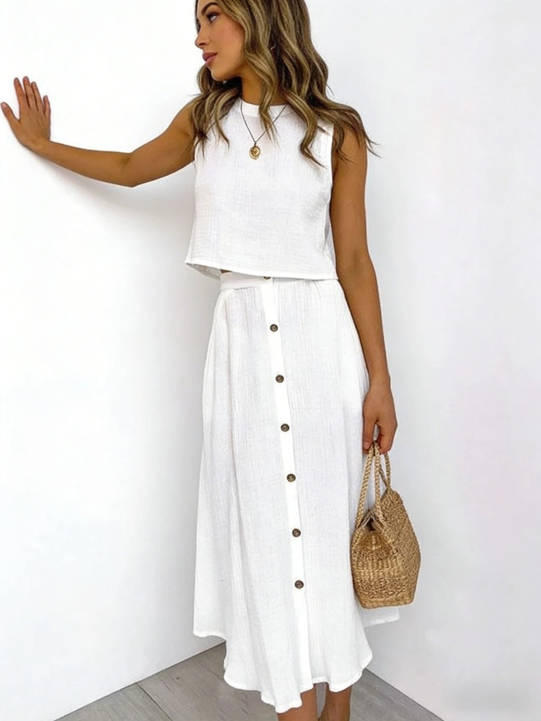 Women's White Linen Blend Two Piece Set Sleeveless Crop Top Midi Skirt Spring Summer Beach Vacation Daily Fashion Set