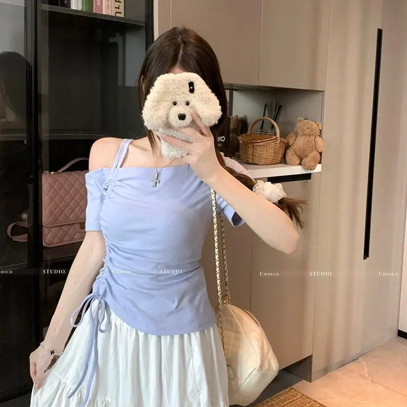 Sweet One shoulder Drawstring Short sleeve T shirt Women Summer Off shoulder Top Elegant Sexy Solid color Cropped Basic Blouse