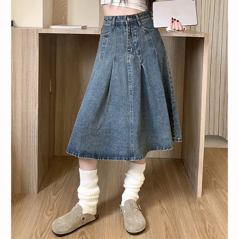 Summer Lady High Waist Thin Pleated Jeans Skirts Women Retro Solid Mid-Long Denim Skirts Girls Casual Fashion A-line Dress