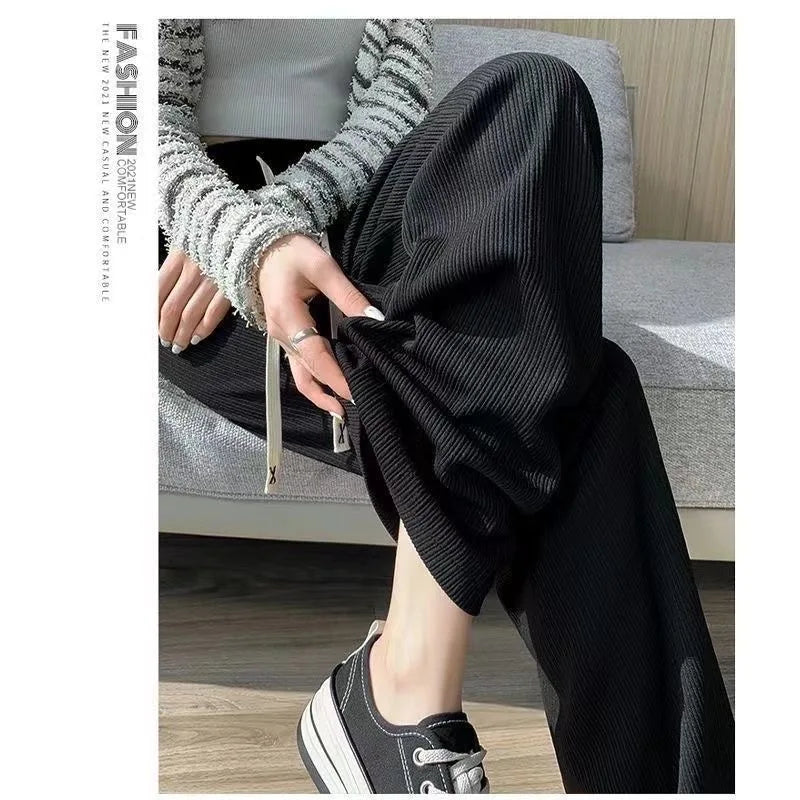 Autumn New Elastic Waist Drawstring Casual Straight Sporty Casual Wide Leg Pants Solid All-Match Basic Trousers Women Clothes