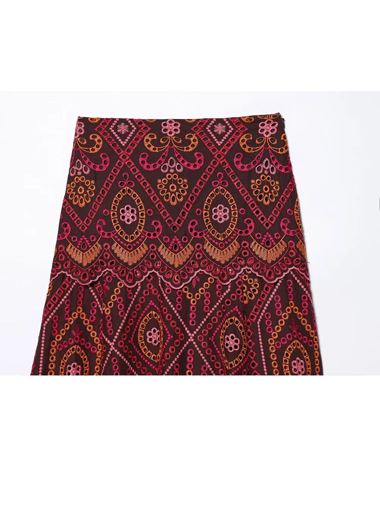 HH Woman Fashion O-Neck Embroidery Hollow Sleeveless Short Tops+Side Zipper Pleated Midi Skirt Casual Printed Spring 2 Piece Set