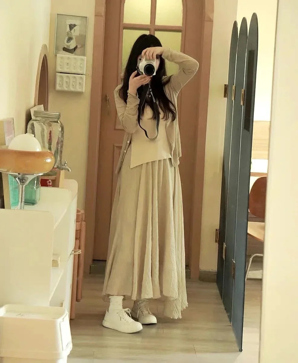 Boho Beach Women's Skirt - Linen Cotton Blend Elastic Waist Long Pleated Maxi, Vintage Summer Casual Skirt Faldas Saia