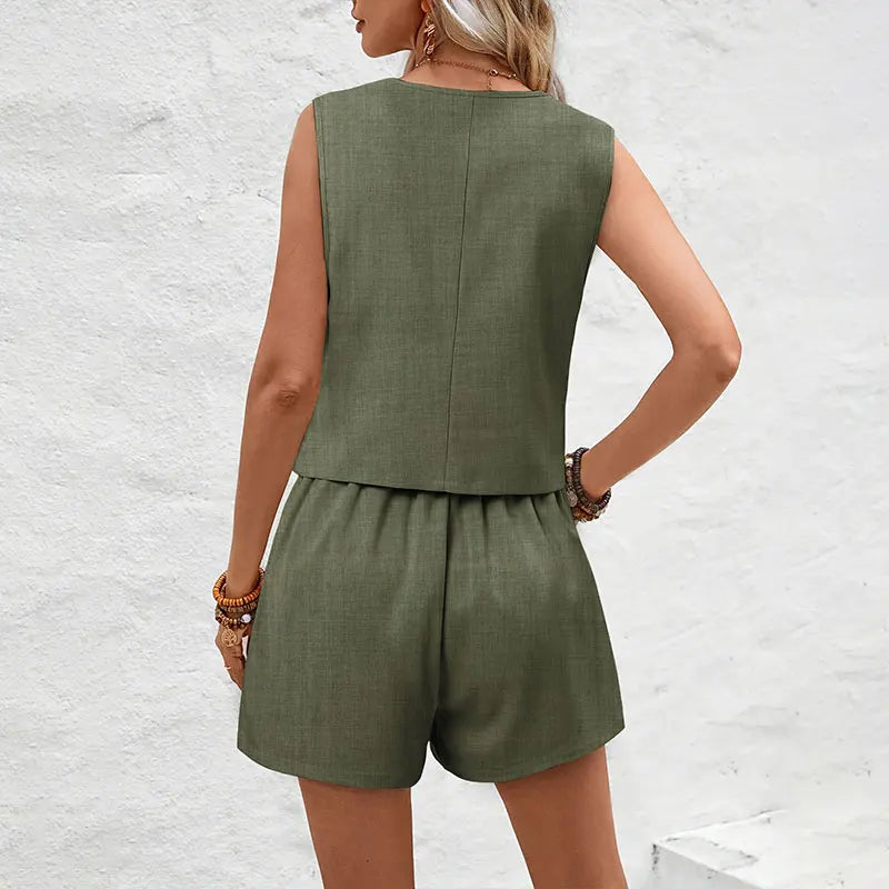 Summer Women Elegant Solid Waistcoat Shorts Set 2026 Sleeveless Vest Top+High Waist Slim Shorts Lady Office Casual 2 Pieces Set