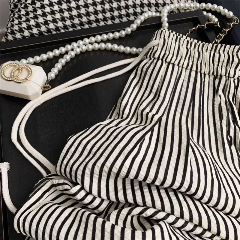 Korean Laid-ba Striped Drapey Casual Pants Women's High-waist Elastic Thin Straight Long Trousers Summer Fashion Commute