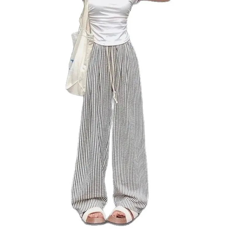 Korean Laid-ba Striped Drapey Casual Pants Women's High-waist Elastic Thin Straight Long Trousers Summer Fashion Commute