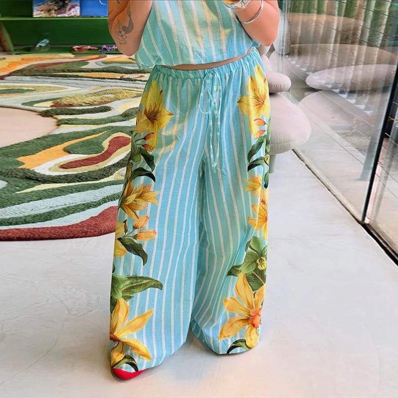 Beach Striped Print Women's Set Sleeveless O-neck Loose Top Wide Legs Pants Female Sets 2026 Summer Vacation Lady Trousers Suit