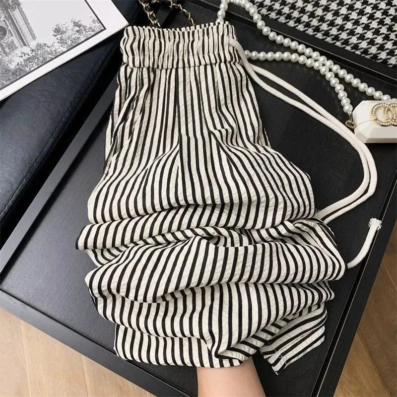 Korean Laid-ba Striped Drapey Casual Pants Women's High-waist Elastic Thin Straight Long Trousers Summer Fashion Commute