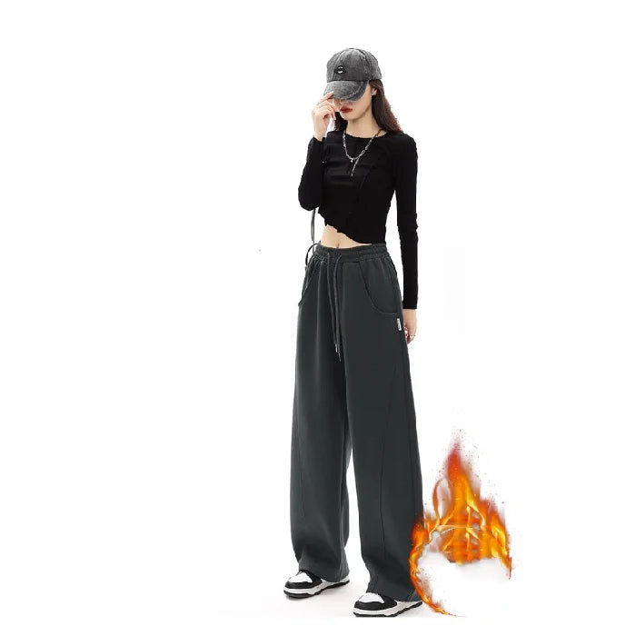 Women Side Striped Wide Leg Straight Tube Pants Vintage High Street Classic Ladies Trousers Winter Fleece Y2k Sport Sweatpants