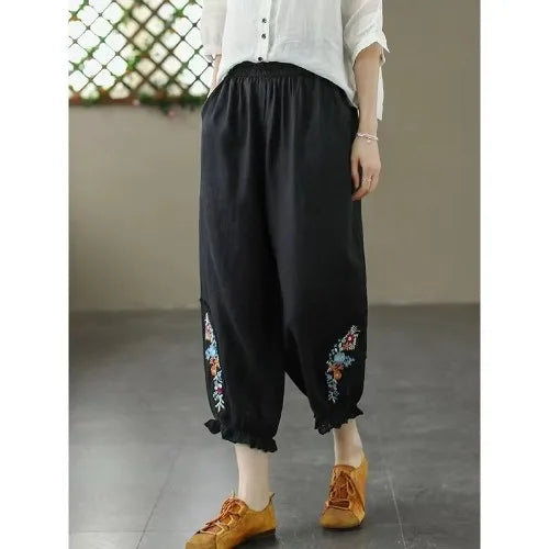 Ele Embroidered Cotton Linen Harem Pants Women's Summer Elastic Waist Slimming Cabbage Pants plus Size Casual Lantern Pants
